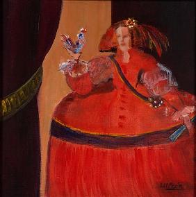 Menina in Red With Small Cockerel (oil & acrylic on canvas) 