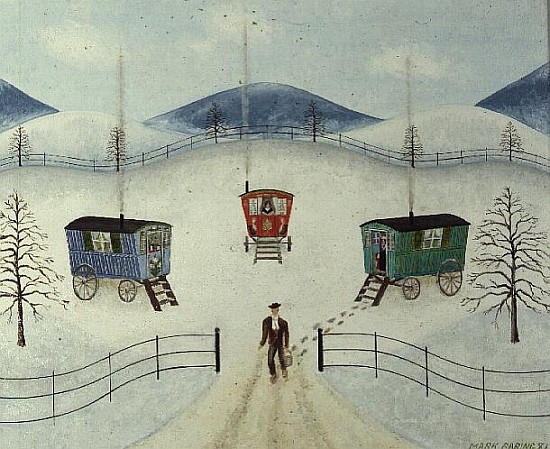 Gypsy Caravans in the Snow, 1981 (oil on board)  à Mark  Baring