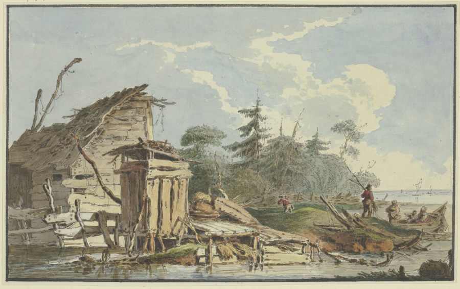 Holzhütten am waldigen Meeresufer, rechts ein Kahn mit einer Familie à Marquard Wocher