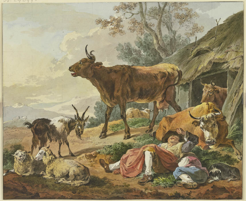 Rechts ein Stall, aus welchem zwei Kühe kommen, davor zwei schlafende Hirten mit ihrem Hund und eine à Marquard Wocher