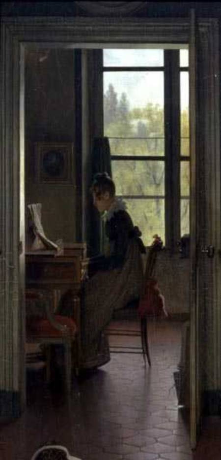 Interior of a Dining Room, detail of a woman playing the piano in the next room à Martin Drolling