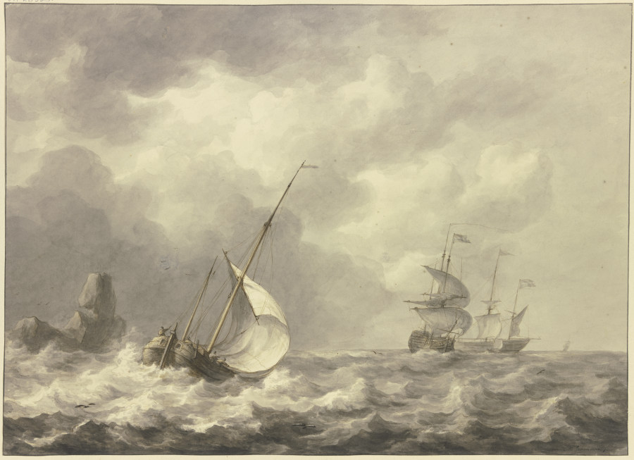 Drei Schiffe und Boot nach rechts, viertes Boot ist in die Brandung eines Felsens geraten. à Martinus Schouman