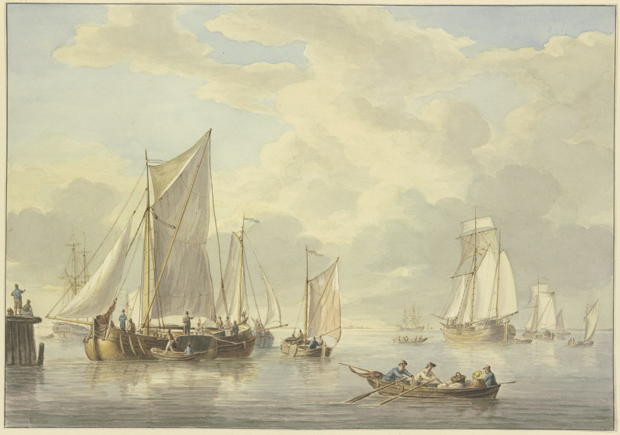 Ruhige See mit vielen Schiffen, vorne ein Boot mit drei Ruderern und einer Frau à Martinus Schouman