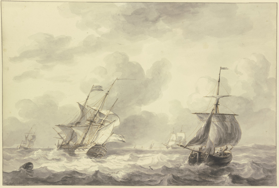Zwei Schiffe auf bewegter See, links eine Tonne à Martinus Schouman