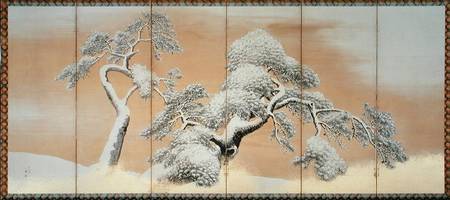 The Pines under Snow (pen & ink, colour, gold paper on panel) à Maruyama Okyo