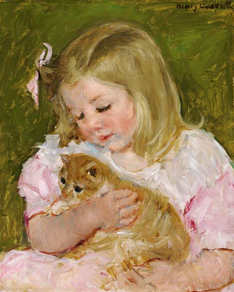 Sara, eine Katze haltend à Mary Cassatt
