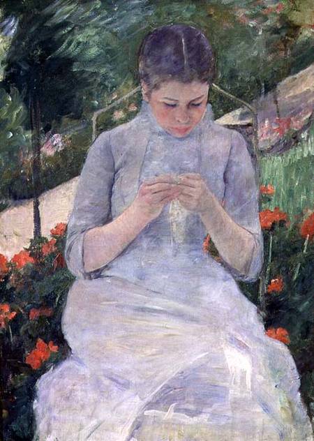 Young Woman Sewing in the garden à Mary Cassatt