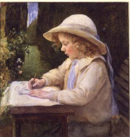 Girl drawing on a garden table (study) à Mary Lascelles Harcourt