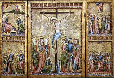 Altarpiece with the Crucifixion in the centre panel and scenes from the Life of Christ on the side p à Maître de Cologne