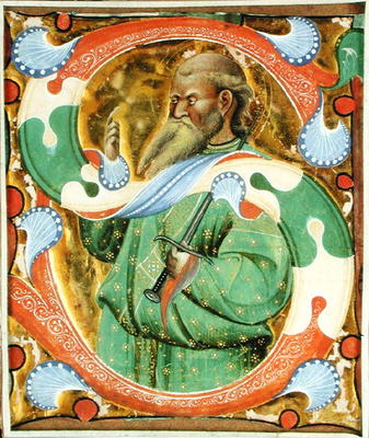 Historiated initial 'S' depicting St. Paul (vellum) à Maître de San Michele de Murano