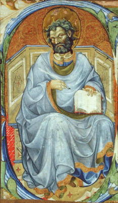 Historiated initial 'S' depicting a seated Evangelist (vellum) à Maître de San Michele de Murano