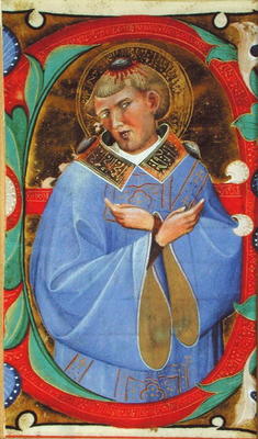 Historiated initial 'E' depicting St. Stephen (vellum) à Maître de San Michele de Murano