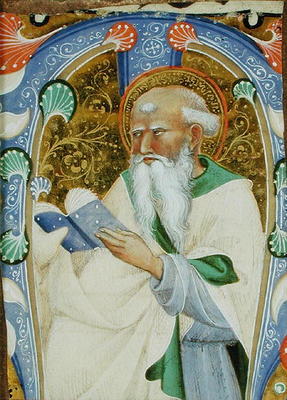 Historiated initial 'M' depicting a bearded saint with a book (vellum) à Maître de San Michele de Murano