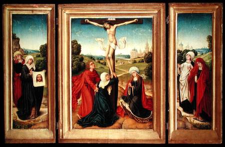 Triptych with the central panel depicting the Crucifixion with the Virgin, St. John, and Mary Magdal à Maître de la Légende de Sainte Catherine