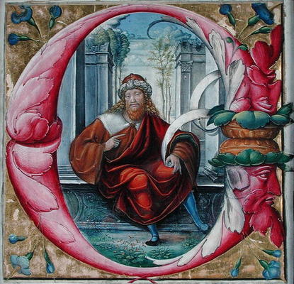 Historiated initial 'C' or 'O' depicting King David (vellum) à Maître du monogramme B.F