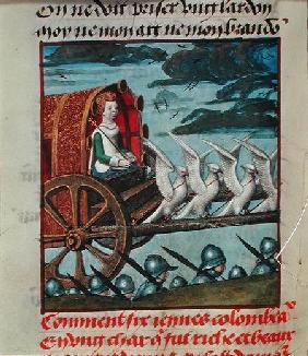 Harl 4425 f.138v Venus comes to the rescue on a chariot drawn by six white doves, Bruges