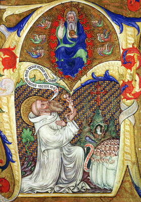 Historiated initial 'A' depicting St. Benedict offering his soul to God the Father, Lombardy School à Maître de la Vitae Imperatorum