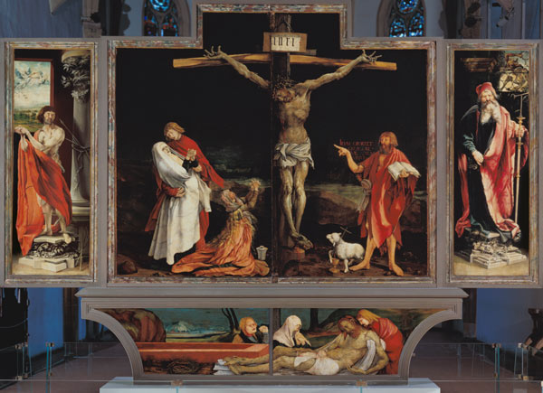 autel d'Isenheimer premier côté de regard, Total :  Saint  Antoine et Sébastien, crucifixion du Chri à Mathias (Mathis Gothart) Grünewald