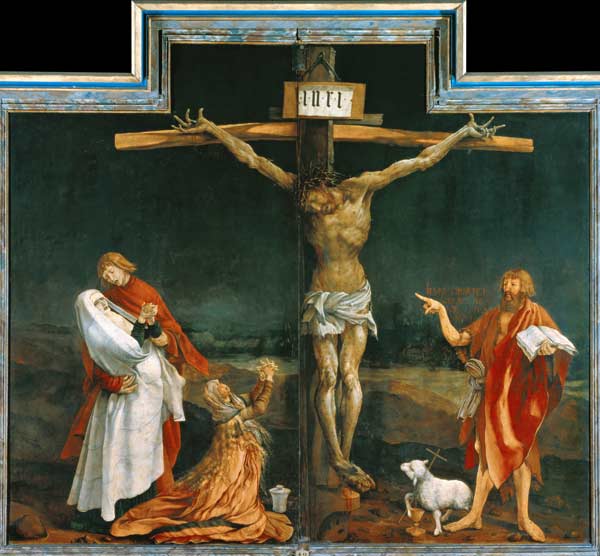 autel d'Isenheimer panneau central du retable fermé : crucifixion du Christ à Mathias (Mathis Gothart) Grünewald
