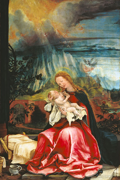 autel d'Isenheimer deuxième côté de regard, Image centrale, moitié droite : La jeune femme dans le p à Mathias (Mathis Gothart) Grünewald