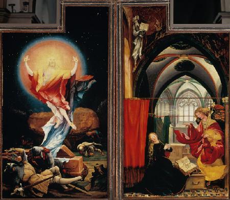 autel d'Isenheimer deuxième côté de regard, panneau droit et gauche : résurrection du Christ, annonc