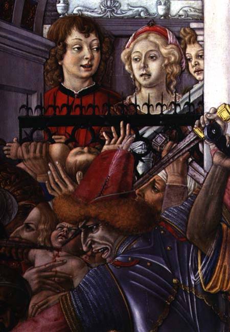 The Massacre of the Innocents, detail of two onlookers observing the carnage from the palace à Matteo  di Giovanni di Bartolo