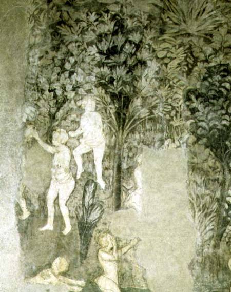 Detail of men bathing from the decorative scheme in the Hall of the Popes à Matteo Giovanetti