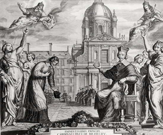 Robert de Sorbon (1201-94) and Cardinal Richelieu (1575-1642) in Front of the Sorbonne; engraved by  à Matthäus Merian l'Ancien