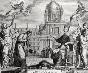 Robert de Sorbon (1201-94) and Cardinal Richelieu (1575-1642) in Front of the Sorbonne; engraved by 