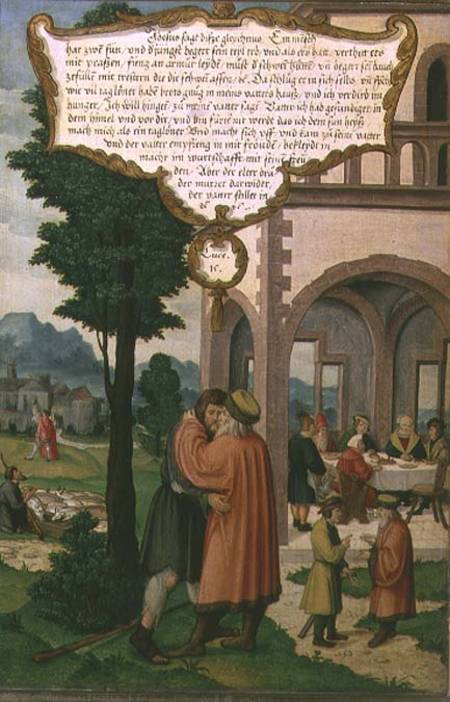 The Parable of the Prodigal Son, section from the Mompelgarter Altarpiece à Matthias Gerung ou Gerou