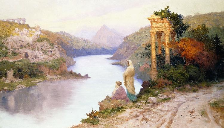 Zwei Frauen an einem Fluss mit Ruinen à Maurice Chabas