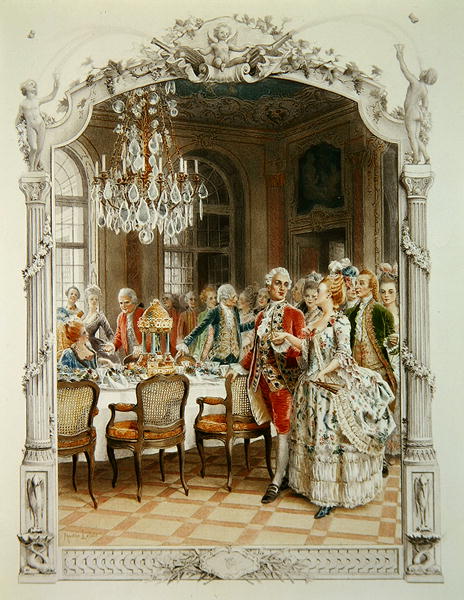Elegant meal during the Eighteenth century, illustration from ''Une femme de qualite au siecle passe à Maurice Leloir