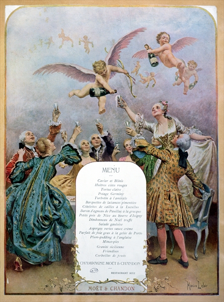 Ritz Restaurant menu, depicting a group of elegant 18th century men and women drinking champagne ser à Maurice Leloir