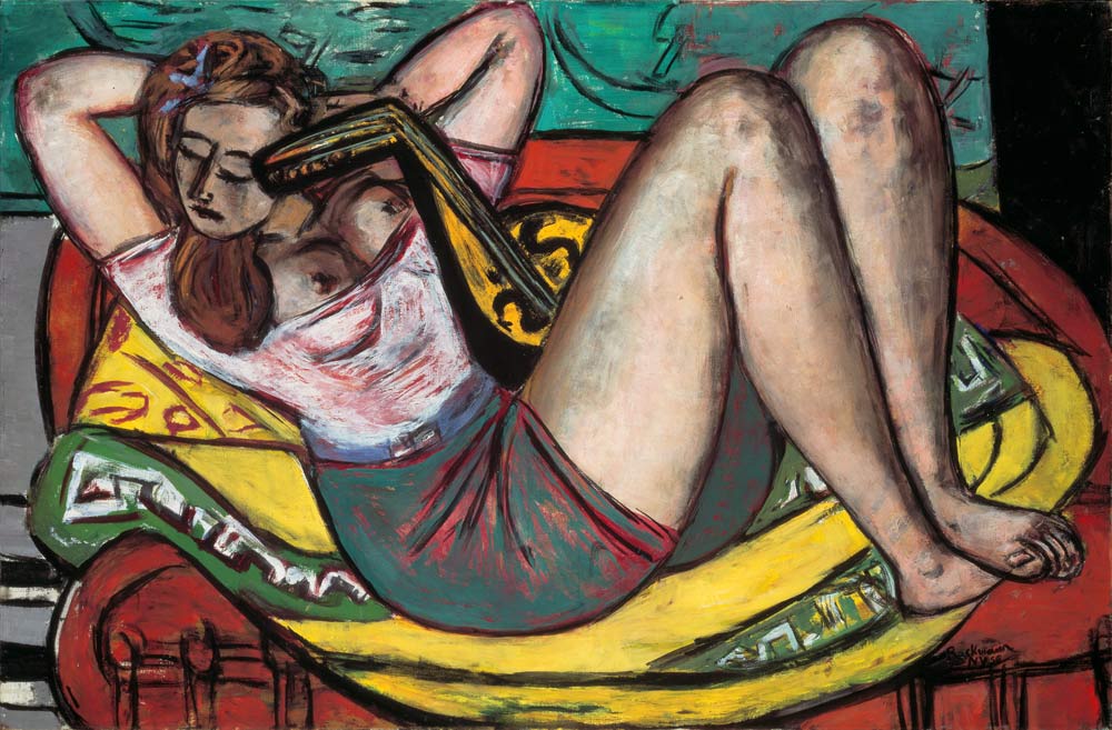 Woman with mandolin in yellow and red. 1950 à Max Beckmann