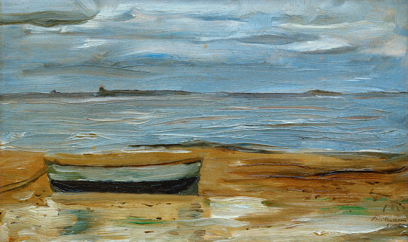 Strand mit grauem Kahn und grauem Meer à Max Beckmann
