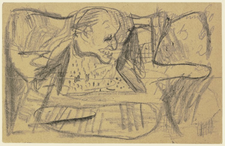 Abstrakte Krakelzeichnung auf zwei Seiten einer Feldpostkarte: Ein Männerkopf à Max Beckmann
