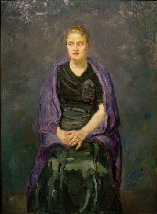 Portrait of Minna Beckmann-Tube
with violet scarf à Max Beckmann