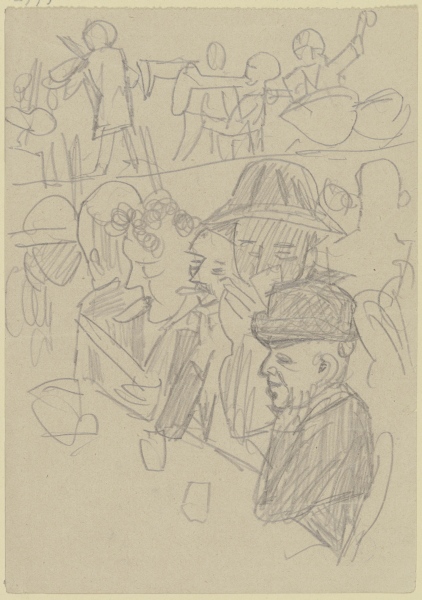 Männer an einem Tisch mit Gläsern, im Hintergrund eine Musikkapelle à Max Beckmann