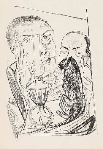 Self portrait with cat and lamp (Selbstbildnis mit Katze und Lampe). 1920 (H. 162 A) à Max Beckmann
