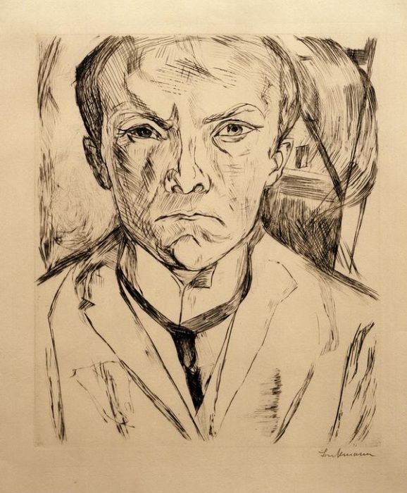 Self-portrait from the front, in the background Hausgiebel à Max Beckmann