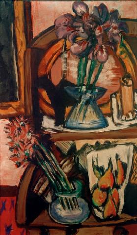 Still life with two flower vases