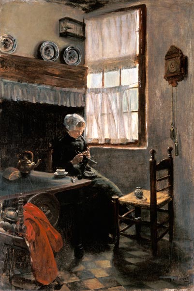 paysanne tricotant à la fenêtre à Max Liebermann