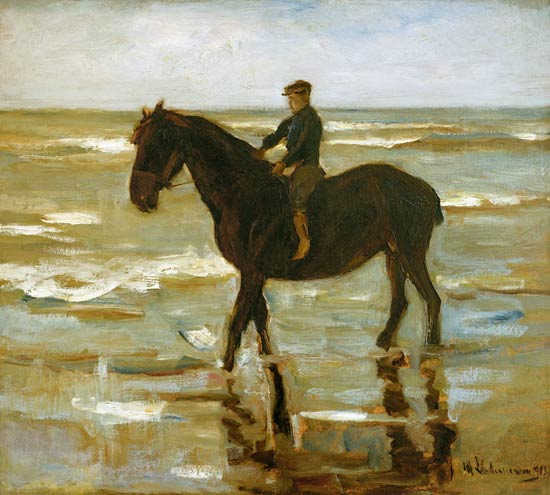 Garçon montant sur la plage - gros cheval à Max Liebermann