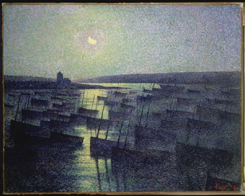 Nuit de lune sur le port de pêcheur à Maximilien Luce