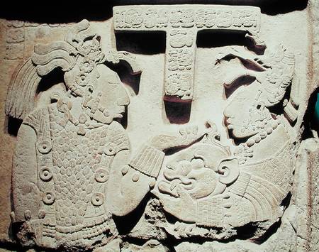 Stela depicting a woman presenting a jaguar mask to a priest, from Yaxchilan à Mayan