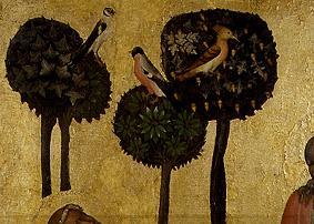 Détail du panneau Christ au mont des oliviers : oliviers et oiseaux à Maître de l'autel de Hohenfurth