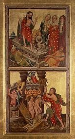 Deux panneaux d'autel dans la cathédrale à Erfurt : résurrection et voyage d'enfer Christ à Maître (franconien)