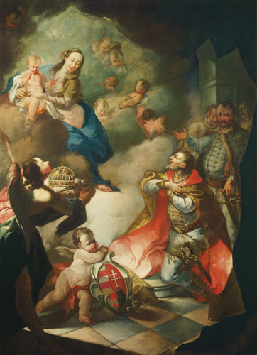 Saint Stéphane offre dessus sa couronne la jeune femme Sainte à Maître (hongrois inconnu)