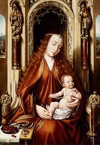 La jeune femme avec l'enfant sur le trône à Maître du Saint-Sang
