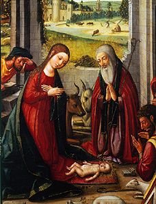 La naissance du Christ. (Détail : Maria et Joseph dans l'adoration de l'enfant) à Maître de Játiva, espagnol